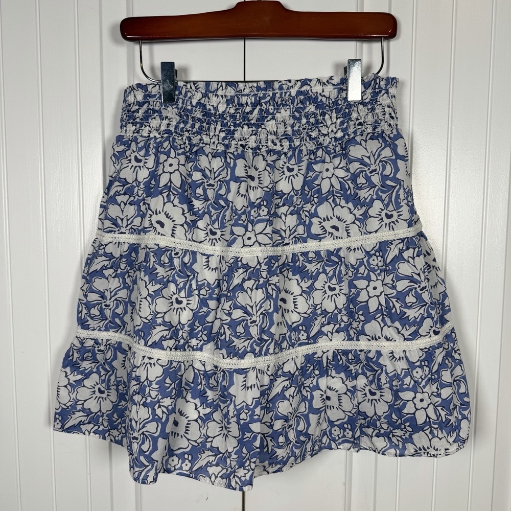 J. Crew Blue Floral Tiered Mini Skirt Sz Medium Boho Prairie Cottagecore Smocked